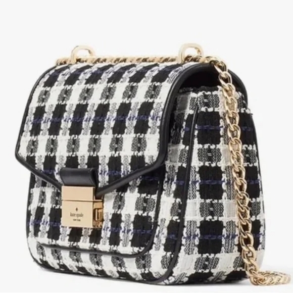 NWT Kate Spade Black, White, Blue Carey Checked Tweed Medium Shoulder Bag Chain - Picture 1 of 15
